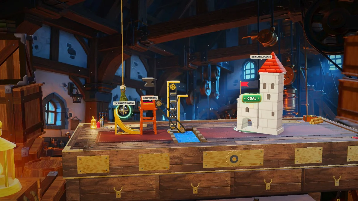 A contraption on the workbench: a ramp, a lookout chair and a castle with a goal flag