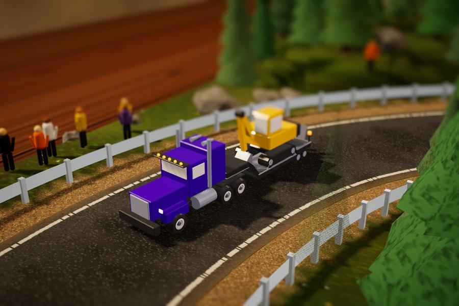 Low Loader, the purple heavy-haul truck carrying a yellow excavator