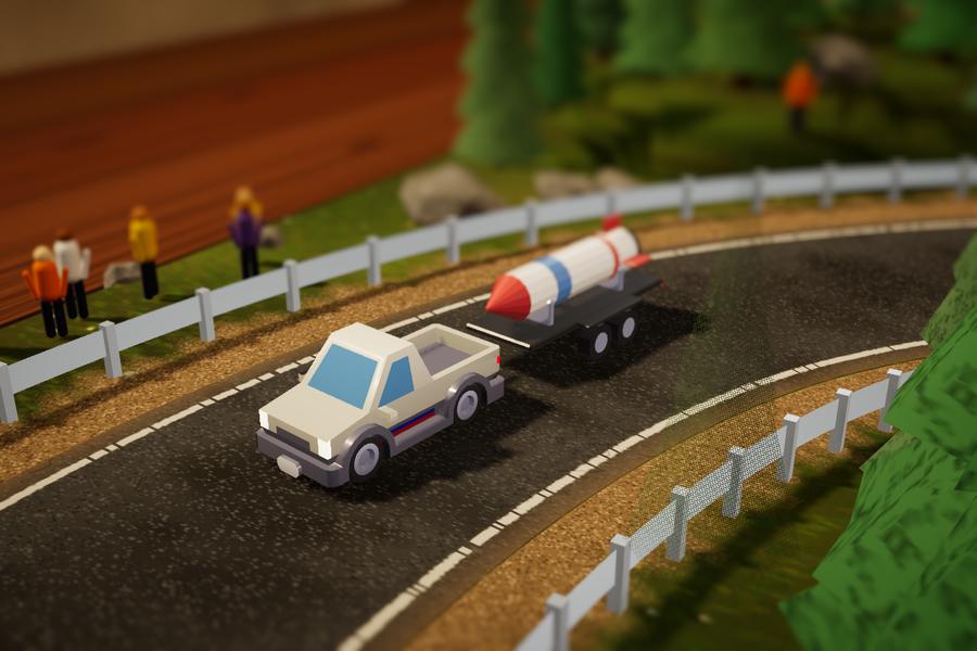 Liftoff, the pickup hauling a rocket