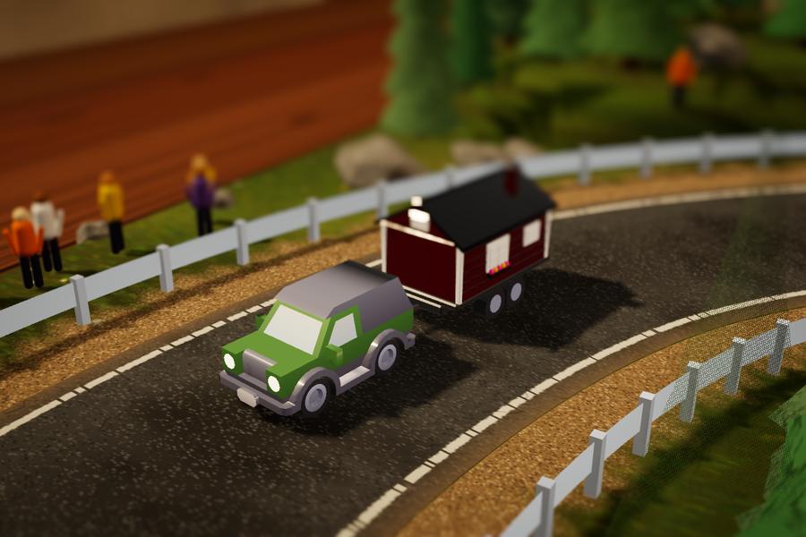 Tiny House, the SUV towing a little red wooden house
