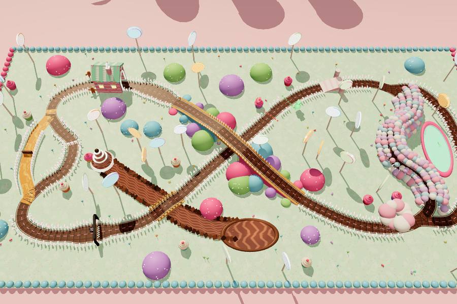 A chocolate road in a figure of eight among giant sweets